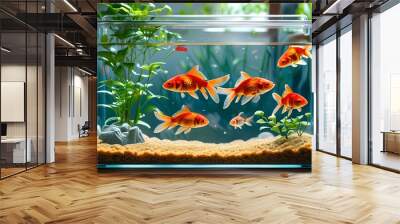 Vibrant fish swimming in a pristine tank with a clean sandy bottom and decorative plants, showcasing the beauty of aquatic life in a serene environment Wall mural