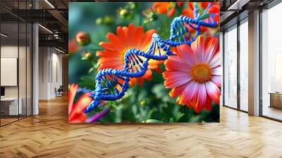 Vibrant flowers intertwined with a DNA strand, representing the fusion of genetic engineering and plant life. Wall mural