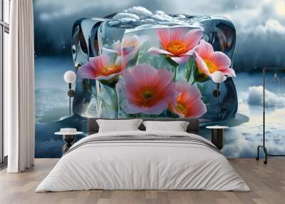 Vibrant flowers thriving from ice, a stunning contrast of life and chill in a detailed natural scene Wall mural