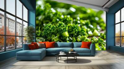 Vibrant Freshly Chopped Parsley and Whole Sprigs Ideal for Culinary Creations and Garnishing Dishes Wall mural