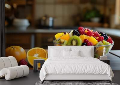 Vibrant fruit salad featuring oranges, kiwi, and berries displayed on a rustic wooden kitchen table Wall mural