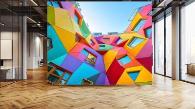 Vibrant geometric architecture adorned with colorful patterns and windows in an urban landscape Wall mural