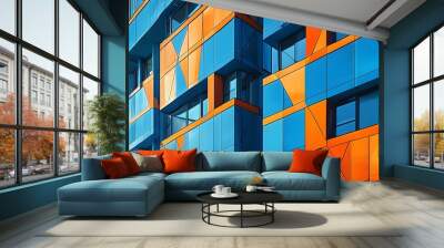 Vibrant geometric patterns in blue and orange on a modern building facade Wall mural