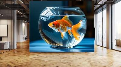 Vibrant goldfish gliding gracefully in crystal-clear water of a glass bowl atop a blue table, set against a deep blue backdrop Wall mural