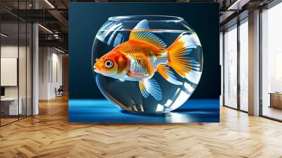 Vibrant goldfish gliding gracefully in crystal-clear water of a glass bowl atop a blue table, set against a deep blue backdrop Wall mural