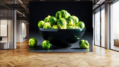 Vibrant Green Brussels Sprouts Contrast Against Bold Black Background Wall mural