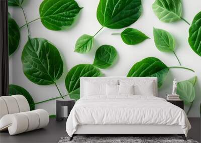 Vibrant green leaf pattern on white, showcasing fresh natural textures for a calming and refreshing nature-inspired design. Wall mural