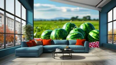 Vibrant green watermelons nestled in a sunlit field, showcasing the essence of natural healthy eco-food and sustainable farming practices Wall mural