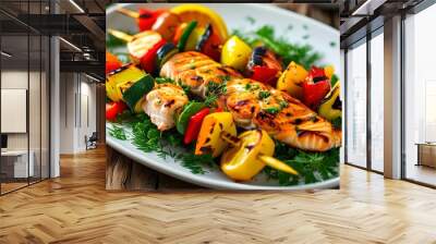 Vibrant grilled salmon and vegetable skewers showcasing delicious colors and flavors in a healthy meal presentation Wall mural