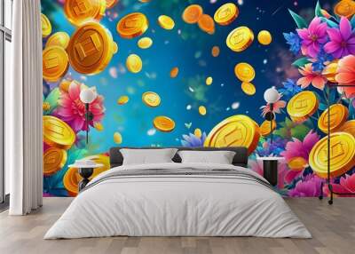 Vibrant illustration of golden coins intertwined with colorful flowers, symbolizing prosperity and growth in a lively setting Wall mural