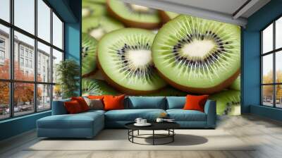 Vibrant kiwi fruit slices showcasing fresh green flesh against a clean, minimalist backdrop Wall mural