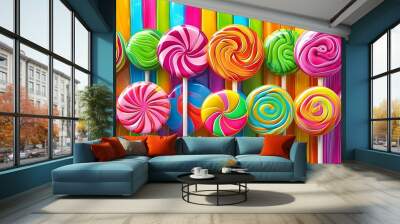 Vibrant landscape of whimsical lollipops creating a playful and vivid backdrop Wall mural