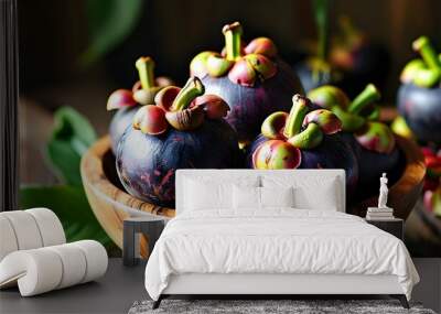 Vibrant Mangosteen Fruit Displayed Elegantly in a Wooden Bowl Wall mural