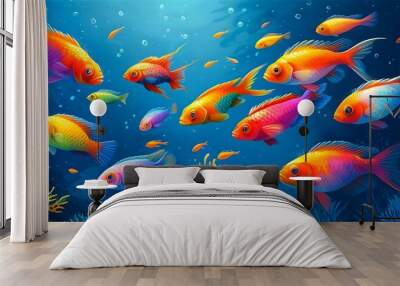 Vibrant Marine Life: A School of Colorful Fish Swimming Against a Blue Background Wall mural