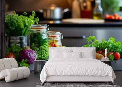 Vibrant meal prep featuring fresh vegetables, salmon, and herbs in a contemporary kitchen with jars of greens and colorful produce on a slate countertop Wall mural