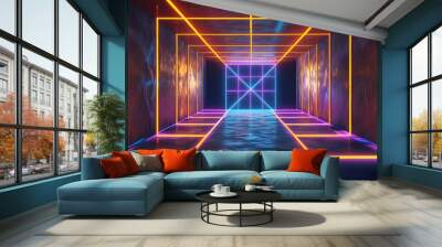 Vibrant Neon Laser Tunnel with Geometric Shapes and Electric Light in Abstract 3D Room Setting Wall mural