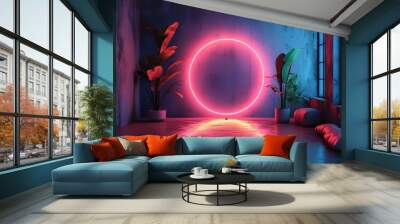 Vibrant neon light circle illuminating the darkness with colorful radiance Wall mural