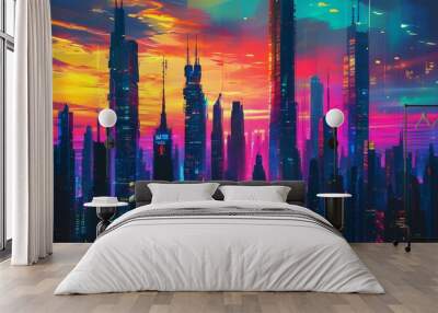 Vibrant neon-lit cityscape showcasing towering skyscrapers as a symbol of technological progress and futuristic urban design Wall mural