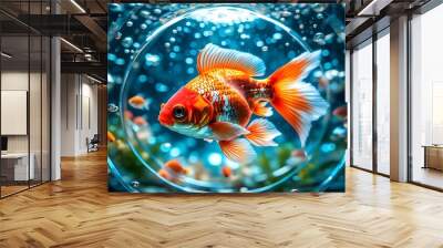 Vibrant Orange Goldfish Gracefully Swimming in a Circular Aquarium Surrounded by Soft Blue Bubbles and Gentle Light Wall mural