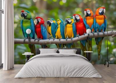 Vibrant Parrot Family Perched Amidst Colorful Branches Wall mural