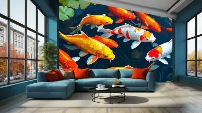 Vibrant pond brimming with colorful Jin Li Yu fish glistening under the sun Wall mural