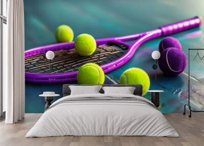 Vibrant purple tennis racket against a dynamic background Wall mural