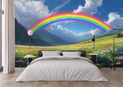 Vibrant rainbow arching over a flower-filled meadow in a serene mountain valley, capturing the essence of summers natural beauty Wall mural