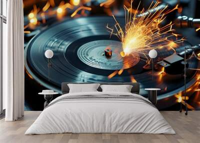 Vibrant record player spinning notes amidst a burst of colorful sparks Wall mural