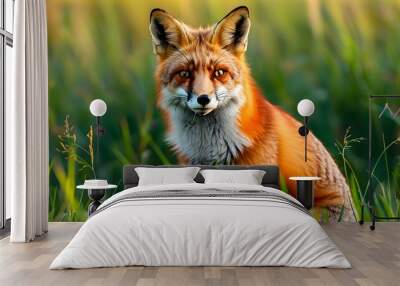 Vibrant red fox lounging on lush green grass during a sunny summer day Wall mural