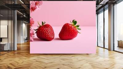 Vibrant red strawberries against a soft pink backdrop, highlighting the health benefits of antioxidants and anthocyanins Wall mural