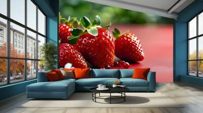 Vibrant red strawberry on a smooth red table, highlighting blank space for creativity, showcasing the healthy benefits of antioxidants and anthocyanins Wall mural