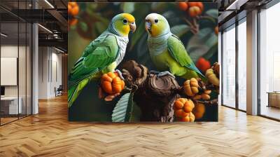 Vibrant Ring-necked Parakeet resting amidst lush sweet chestnut foliage Wall mural