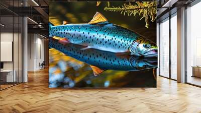 Vibrant salmon with shimmering scales showcasing vitality and freshness, a prized catch for fishing enthusiasts Wall mural