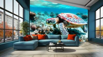 Vibrant sea turtles gliding gracefully through crystal-clear waters, embodying the beauty of marine life in their natural habitat Wall mural