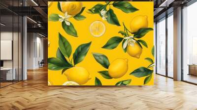 Vibrant seamless pattern featuring lemons and lush leaves on a sunny yellow backdrop Wall mural