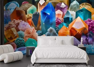 Vibrant showcase of diverse gemstones and crystals highlighting their intricate beauty and natural elegance Wall mural