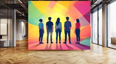 Vibrant silhouettes representing diversity and teamwork against an abstract geometric backdrop Wall mural