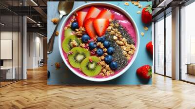 Vibrant smoothie bowl adorned with fresh fruit, crunchy granola, and nutritious chia seeds Wall mural