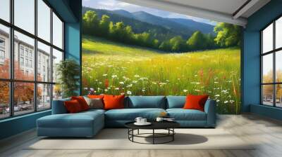 vibrant spring and summer meadow blooming with colorful wildflowers and lush greenery Wall mural