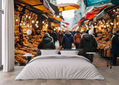 Vibrant street market brimming with life, shoppers exploring colorful shops and stands under warm sunlight Wall mural