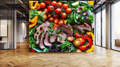 Vibrant summer salad platter featuring grilled meat, cherry tomatoes, bell peppers, and a variety of fresh vegetables for a nutritious meal Wall mural