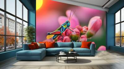 Vibrant sunset backdrop featuring a colorful grasshopper perched on a flower bud amidst blurred pink flowers Wall mural