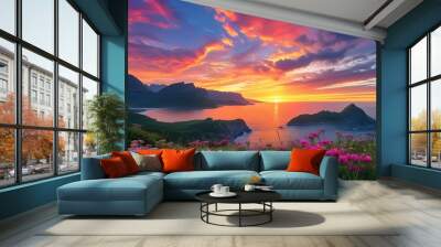 Vibrant sunset illuminating coastal mountains adorned with wildflowers and a kaleidoscope of colors in the sky Wall mural