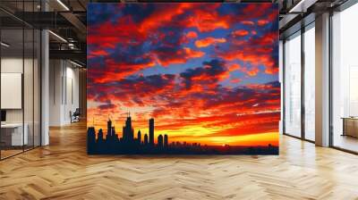 Vibrant sunset painting the sky in red and orange over a city skyline with silhouetted skyscrapers creating a striking silhouette Wall mural