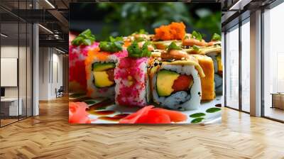 Vibrant sushi burrito showcasing an innovative fusion of Japanese and Mexican cuisines with colorful tuna, avocado, and spicy mayo fillings Wall mural