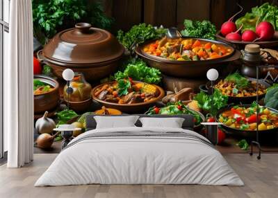 Vibrant table display featuring an array of bowls filled with delicious stews, fresh salads, and colorful vegetable dishes Wall mural