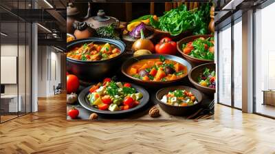 Vibrant table display featuring an array of bowls filled with delicious stews, fresh salads, and colorful vegetable dishes Wall mural