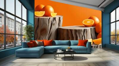 Vibrant Textured Wood Pile Against Bright Orange Background Enhanced by AI Generative Technology Wall mural