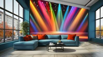 Vibrant theatre stage illuminated by colorful beams and dramatic shadows with high-resolution studio lighting effect Wall mural