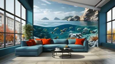 Vibrant tropical ocean floor featuring rocky terrain and grey fish amidst a stunning underwater landscape Wall mural